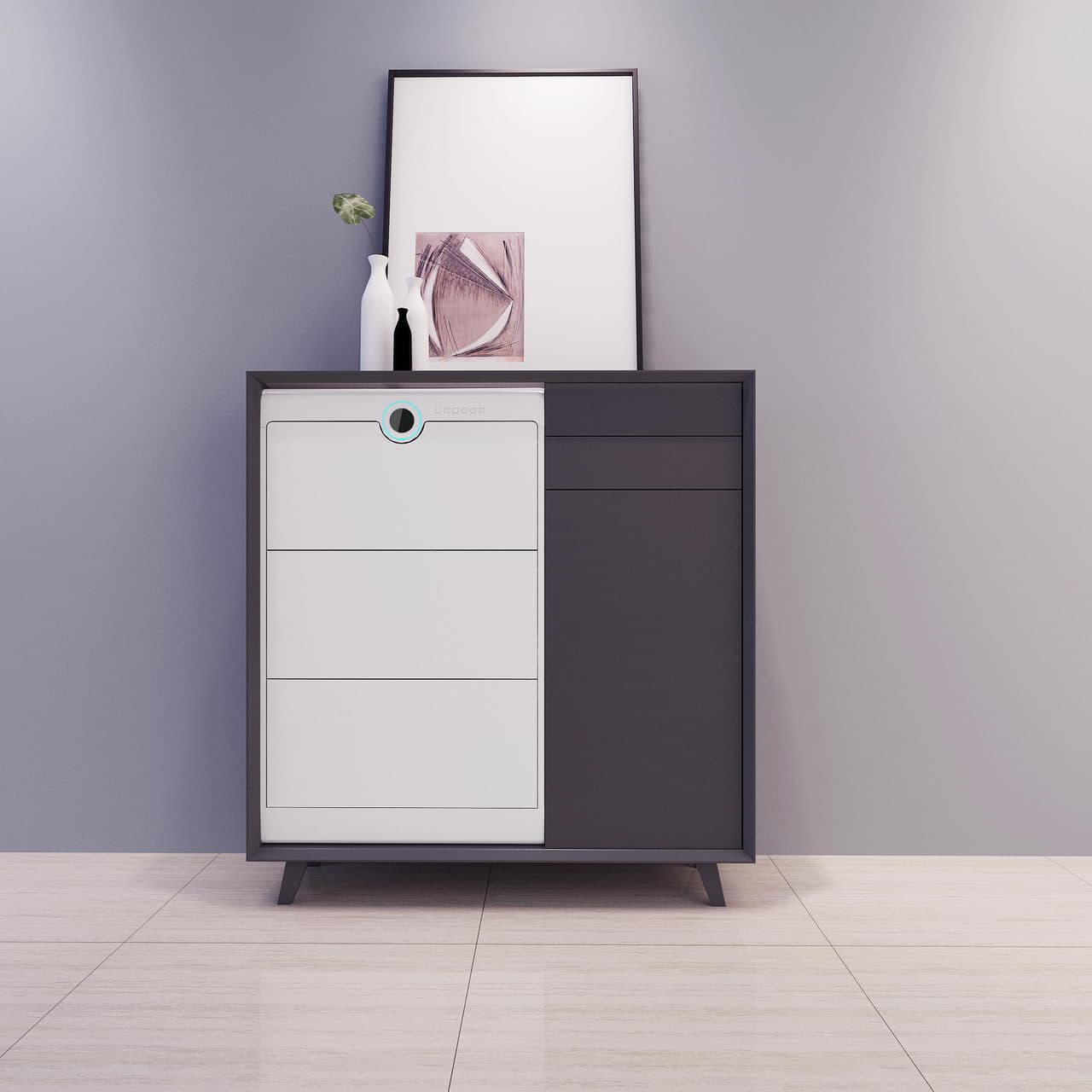 根元智能鞋柜护理机-Footies室内设计图，室内搭配平开门冷色，正视图